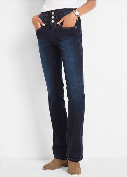 Modelujące dżinsy, krój bootcut. Niebieskie jeansy bonprix, bez wzorów, z jeansu. Za 189.99 zł.