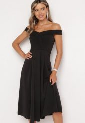 Czarna Elegancka Sukienka o Fasonie Hiszpanki z Materiałowym Paskiem Xaelia. Czarne sukienki Born2be, na spotkanie biznesowe, s, bez wzorów, z materiału, eleganckie, bez kołnierzyka, bez ramiączek, midi. W wyprzedaży za 118.99 zł.