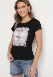 Czarny Bawełniany T-shirt z Nadrukiem Motyla i Cyrkoniami Uliriela. Czarne t-shirty Born2be, l, bez wzorów, z bawełny, klasyczne, bez kołnierzyka, bez ramiączek. W wyprzedaży za 33.99 zł.