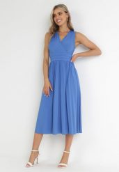 Niebieska Sukienka Midi Bez Rękawów z Plisowanym Dołem Dreana. Niebieskie sukienki Born2be, na imprezę, l, bez wzorów, eleganckie, bez kołnierzyka, bez ramiączek, midi, plisowane. W wyprzedaży za 161.49 zł.