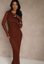 Brązowa Koronkowa Sukienka Typu Longsleeve o Dopasowanym Kroju Zenoresa. Brązowe sukienki Renee, na imprezę, l, bez wzorów, z koronki, eleganckie, bez kołnierzyka, bez ramiączek, dopasowane. Za 159.99 zł.