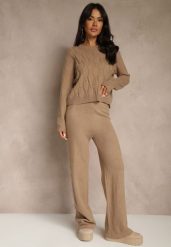 Ciemnobeżowy Dzianinowy Komplet z Wełną Spodnie Wide Leg i Sweter Cropped Nezera. Brązowe swetry Renee, na zimę, l, bez wzorów, z dzianiny, bez ramiączek. Za 129.99 zł.