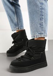 Czarne Śniegowce na Grubej Podeszwie Ozdobione Wiązaniem Izalenna. Czarne śniegowce Born2be, bez wzorów, z futra, bez zapięcia. Za 89.99 zł.