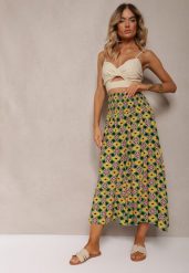 Żółto-Zielone Szerokie Spodnie Culottes z Bawełnianej Tkaniny w Mozaikowy Wzór Miratte. Żółte jeansy Renee, l, z aplikacjami, z bawełny, eleganckie. W wyprzedaży za 29.99 zł.