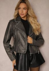 Ciemnoszara Motocyklowa Kurtka Vintage Typu Ramoneska z Kieszeniami i Suwakami Naicie. Szare kurtki Renee, m, bez wzorów, z materiału, vintage, bez kaptura. W wyprzedaży za 164.99 zł.