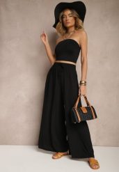 Czarne Spodnie Palazzo o Szerokim Kroju Ozdobione Sznurkiem Ularira. Czarne jeansy Renee, l, bez wzorów, z jeansu, eleganckie. W wyprzedaży za 29.99 zł.