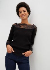 Sweter z koronką. Czarne swetry bonprix, bez wzorów, z koronki, eleganckie, bez ramiączek. Za 129.99 zł.