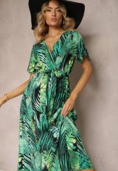 Czarno-Zielona Wiskozowa Sukienka Kopertowa z Gumką i Paskiem w Talii Kiremia. Czarne sukienki Renee, l, bez wzorów, z wiskozy, eleganckie, bez kołnierzyka, bez ramiączek, maxi, kopertowe. W wyprzedaży za 48.74 zł.