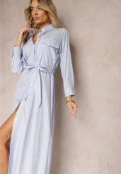 Niebieska Sukienka w Paski w Koszulowym Stylu z Paskiem i Długim Rękawem Desperse. Niebieskie sukienki Renee, l, bez wzorów, eleganckie, bez kołnierzyka, bez ramiączek, koszulowe. W wyprzedaży za 111.99 zł.