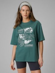 4F T-shirt loose z nadrukiem damski - turkusowy S. Niebieskie t-shirty 4f, s, bez wzorów, z dzianiny, klasyczne, bez kołnierzyka, bez ramiączek. Za 79.99 zł.