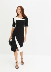 Sukienka ołówkowa. Czarne sukienki bonprix, bez wzorów, klasyczne, bez kołnierzyka, bez ramiączek, dopasowane. Za 137.99 zł.
