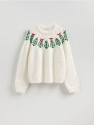 Sweter ze świątecznym wzorem - złamana biel. Swetry Reserved, l, bez wzorów, z dzianiny, wizytowe, bez ramiączek. Za 159.99 zł.
