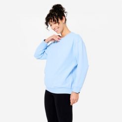 Bluza do jogi damska Kimjaly ciążowa. Niebieskie bluzy DOMYOS, l, bez wzorów, z elastanu, bez kaptura, na fitness i siłownię. Za 99.99 zł.