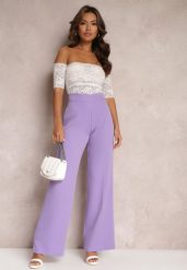 Jasnofioletowe Spodnie Szerokie High Waist Dule. Fioletowe jeansy Renee, l, bez wzorów, z jeansu, biznesowe, z podwyższonym stanem. W wyprzedaży za 63.99 zł.