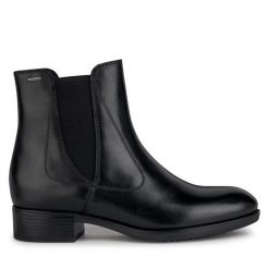Sztyblety Geox. Czarne botki Geox, bez wzorów, bez obcasa, na płaskiej podeszwie, bez zapięcia. Za 389.99 zł.