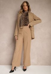 Ciemnobeżowe Szerokie Spodnie Garniturowe z Wiskozą High Waist z Paskiem z Klamrą Enarela. Brązowe jeansy Renee, bez wzorów, z jeansu, eleganckie, z podwyższonym stanem. W wyprzedaży za 68.99 zł.
