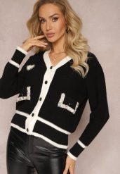 Czarny Wiskozowy Sweter Kardigan z Kontrastową Lamówką i Naszywkami Narjee. Czarne swetry Renee, z aplikacjami, z wiskozy, bez ramiączek. W wyprzedaży za 135.99 zł.