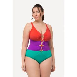 Damski Kostium kąpielowy szerokie kolorowe pasy miękkie miseczki wycięcia. Zielone stroje jednoczęściowe Ulla Popken, bez wzorów, z elastanu, sportowe. Za 244.99 zł.