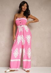Fuksjowy Kombinezon Bandeau Ozdobiony Ornamentnym Motywem i Guzikami Liravessa. Czerwone sukienki Renee, na co dzień, bez wzorów, eleganckie, bez kołnierzyka, bez ramiączek, proste. W wyprzedaży za 75.99 zł.