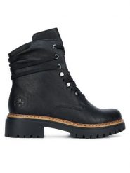 Rieker Botki 72621-00 Czarny. Czarne botki Rieker, bez wzorów, z materiału, bez obcasa, na płaskiej podeszwie, bez zapięcia. Za 295.00 zł.