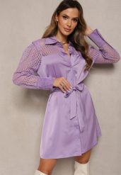 Fioletowa Mini Sukienka o Koszulowym Fasonie z Materiałowym Paskiem i Siateczką Idanes. Fioletowe sukienki Renee, bez wzorów, z materiału, eleganckie, bez kołnierzyka, bez ramiączek, mini, koszulowe. W wyprzedaży za 99.99 zł.