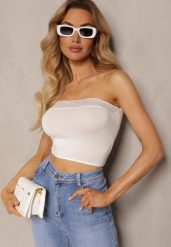 Jasnobeżowy Casualowy Top Wykończony Prostym Dekoltem z Koronkowym Wykończeniem Isotellia. Brązowe topy Renee, bez wzorów, z jeansu, eleganckie, bez kołnierzyka, bez ramiączek. W wyprzedaży za 10.49 zł.