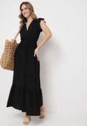 Czarna Bawełniana Sukienka Maxi z Kopertową Górą Rozkloszowana Xaliara. Czarne sukienki Born2be, l, bez wzorów, z bawełny, bez kołnierzyka, bez ramiączek, maxi, kopertowe. Za 79.99 zł.