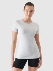 4F T-shirt slim gładki damski - szary XS. Szare t-shirty 4f, xs, bez wzorów, z bawełny, klasyczne, bez kołnierzyka, bez ramiączek. Za 39.99 zł.