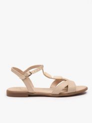 Kremowe płaskie sandały z ozdobą. Brązowe sandały Ryłko, z aplikacjami, ze skóry, z okrągłym noskiem, bez obcasa, na płaskiej podeszwie, bez zapięcia. Za 379.99 zł.