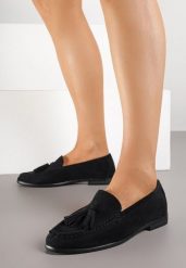 Czarne Mokasyny z Imitacji Zamszu Zdobione Frędzlami Naloretia. Czarne mokasyny Born2be, z aplikacjami, z jeansu. Za 89.99 zł.
