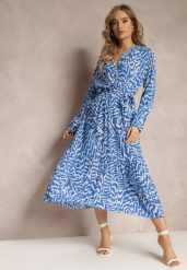 Niebieska Sukienka Kopertowa z Wiązanym Paskiem i Fantazyjnym Printem Nevilia. Niebieskie sukienki Renee, m, bez wzorów, z materiału, bez kołnierzyka, bez ramiączek, maxi, kopertowe. W wyprzedaży za 90.99 zł.