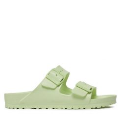 Klapki Birkenstock. Zielone klapki Birkenstock, bez wzorów, bez obcasa, bez zapięcia. Za 249.99 zł.