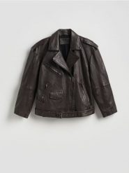 Skórzana kurtka typu biker - ciemnobrązowy. Brązowe kurtki Reserved, l, bez wzorów, ze skóry, bez kaptura. Za 599.99 zł.