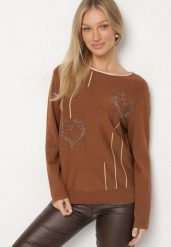 Brązowy Sweter Ozdobiony Sercami z Cyrkonii Unaressa. Brązowe swetry Born2be, l, z aplikacjami, z jeansu, eleganckie, bez ramiączek. Za 79.99 zł.
