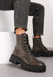 Szare Sznurowane Botki na Platformie w Stylu Workerów Sairene. Szare botki Renee, bez wzorów, z jeansu, eleganckie, bez obcasa, na platformie, bez zapięcia. Za 159.99 zł.