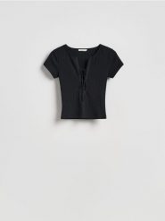 Bluzka z wiązaniem - czarny. Czarne bluzki Reserved, l, bez wzorów, z bawełny, bez kołnierzyka, bez ramiączek. Za 49.99 zł.