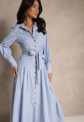 Niebiesko-Biała Sukienka Koszulowa z Bawełną Ozdobiona Paskiem Revessine. Niebieskie sukienki Renee, na co dzień, m, bez wzorów, z bawełny, eleganckie, bez kołnierzyka, bez ramiączek, maxi, koszulowe. W wyprzedaży za 119.99 zł.