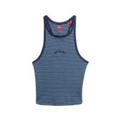 Tank top w paski z plecami w stylu sportowym i logo dla kobiet Superdry Essentia. Niebieskie topy Superdry, bez wzorów, sportowe, bez kołnierzyka, bez ramiączek. Za 100.45 zł.