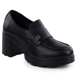 Półbuty mokasyny damskie na klocku czarne Potocki SZ12700. Czarne mokasyny POTOCKI, bez wzorów, ze skóry. Za 137.99 zł.