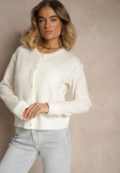 Biały Klasyczny Kardigan z Zaokrąglonym Dekoltem Reonira. Białe swetry Renee, l, bez wzorów, z jeansu, klasyczne, bez ramiączek. W wyprzedaży za 135.99 zł.