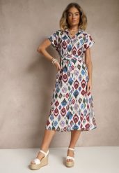 Niebieska Sukienka z Wiskozą o Koszulowym Kroju z Paskiem z Klamrą w Etno Print Jenavianea. Niebieskie sukienki Renee, na co dzień, l, bez wzorów, z wiskozy, eleganckie, bez kołnierzyka, bez ramiączek, midi, kopertowe. W wyprzedaży za 75.99 zł.