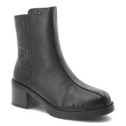 Botki damskie Rieker o eleganckim fasonie z tłoczonymi wstawkami i stabilnym obcasem na traperowej podeszwie czarne, Y5264-00 Black. Czarne botki Rieker, bez wzorów, z jeansu, eleganckie, bez obcasa, na obcasie, bez zapięcia. Za 389.00 zł.