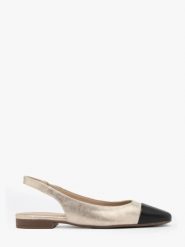 Platynowe baleriny typu slingback z czarnym noskiem. Szare baleriny Ryłko, bez wzorów, z gumy, z okrągłym noskiem, bez obcasa, na płaskiej podeszwie, bez zapięcia. W wyprzedaży za 249.99 zł.