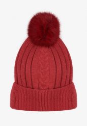 Bordowa Czapka Dzianinowa z Pomponem Abagny. Czerwone czapki zimowe Renee, z aplikacjami, z dzianiny. W wyprzedaży za 34.99 zł.