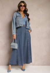 Granatowa Bawełniana Spódnica Maxi Rozkloszowana z Jeansu z Ozdobnym Łańcuszkiem Viralle. Niebieskie spódnice Renee, s, bez wzorów, z bawełny, boho, maxi, rozkloszowane. W wyprzedaży za 107.99 zł.