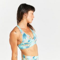 Góra kostiumu kąpielowego surfingowego damska Olaian Ana Leoplant. Bikini OLAIAN, bez wzorów, z elastanu, sportowe. W wyprzedaży za 39.99 zł.