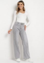 Jasnoszare Jeansy Szerokie z Bawełny z Wyższym Stanem Adrinca. Szare jeansy Born2be, bez wzorów, z bawełny. Za 149.99 zł.