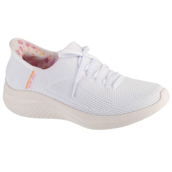 Buty sportowe Sneakersy damskie, Slip-Ins: Ultra Flex 3.0 - Morning Blosso. Białe buty sportowe lifestyle Skechers, bez wzorów, bez zapięcia, trekkingowe, skechers sport. Za 359.99 zł.