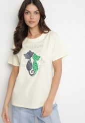 Żółty T-shirt z Bawełny z Ozdobnym Napisem i Nadrukiem Olinella. Żółte t-shirty Born2be, l, bez wzorów, z bawełny, bez kołnierzyka, bez ramiączek. Za 59.99 zł.