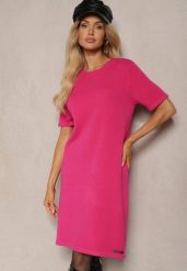 Fuksjowa T-shirtowa Sukienka z Wiskozowej Dzianiny z Ozdobnymi Guzikami Narossa. Czerwone sukienki Renee, na spotkanie biznesowe, l, bez wzorów, z dzianiny, eleganckie, bez kołnierzyka, bez ramiączek, mini. W wyprzedaży za 55.99 zł.